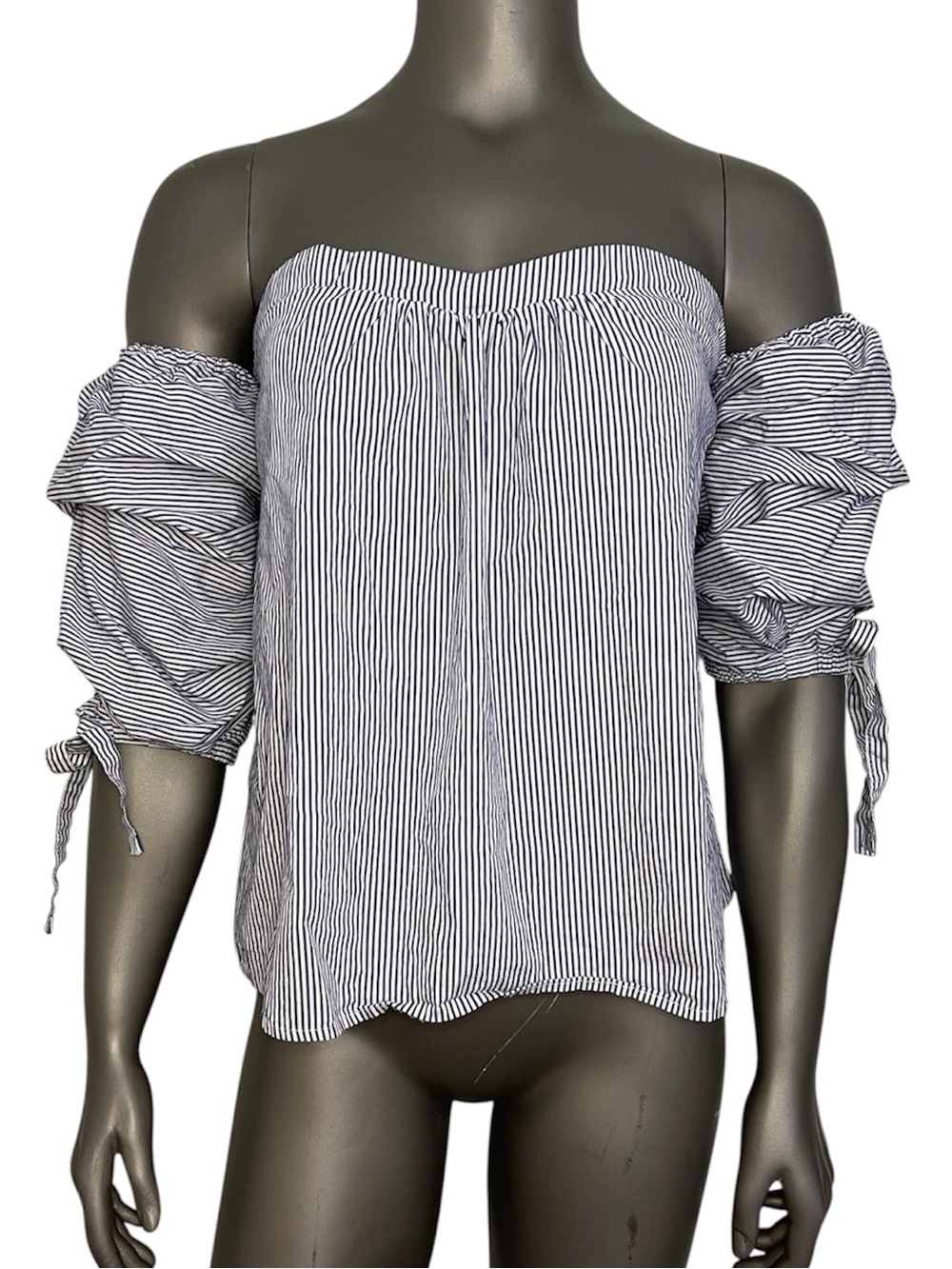 Strapless Off-the-shoulder Blouse Top Blue White Pinstripes Sweetheart Neckline